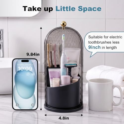 QIYVLOS Toothbrush Holders with Sliding Lid, Rotating 3 Slots Bathroom Organizer Countertop, Tooth Brush Toothpaste Holder Bathroom Counter Stand Caddy for Vanity Makeup Brushes Holder (Black) - color: Black