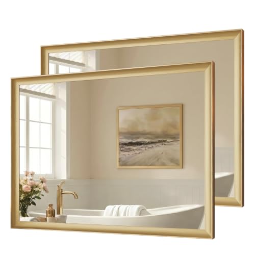 USHOWER 2 PCS Brushed Gold Bathroom Mirrors for Over Sink 30x40 Inch, Aluminum Framed Rectangle Vanity Mirror for Wall, Bedroom, Living Room, Entryway, Anti-Rust, HD Tempered Glass,Horizontal/Vertical - color: Brushed Gold, size: 40''L x 30''W-2PCS