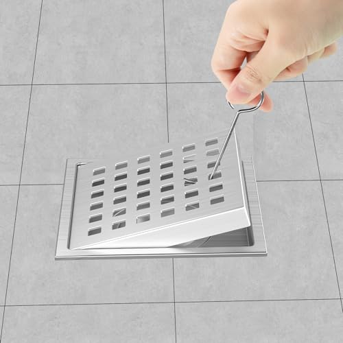 EXF Square Shower Drain 4-3/8 Inch Brushed Nickel with ABS Flange | Stainless Steel, Anti-Clog, Removable Grid Grate and Hair Catcher, for Modern Bathroom Remodel Curbless Shower - color: Brushed Nickel, size: 4IN