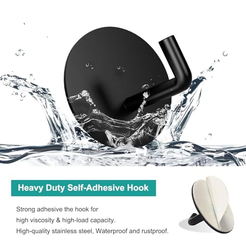 BARONAGE Adhesive Hooks 4 Pack, Black | Stainless Steel Sticky Shower Hooks, Waterproof, Rustproof, Heavy Duty Towel Hook, Easy Install, Traceless Hook For Bathroom