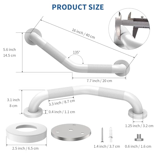 16 Inch Angled Shower Grab Bar White, Munzong 2 Pack Anti Slip Bathroom Grab Bar, Knurled Bathroom Balance Bar,Safety Hand Rail Support Handicap Elderly Injury Senior Assist Bath Handle-1.25” Tube | 2 Pack Knurled Bathroom Balance Bar Safety Hand Rail Sup