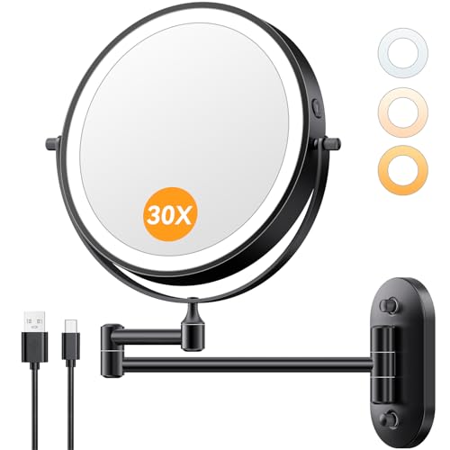 Auxmir 1X/30X Wall Mounted Makeup Mirror, 8" Rechargeable Magnifying Mirror | double-sided button, 3200mAh, 3 dimmable colors, 360° rotation, extended arm, 30X magnification, bathroom, black - color: 8'' 30x-black