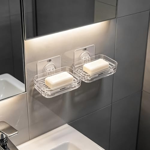 1 Pack Plastic Soap Dish for Shower Wall, Clear Shower Soap Holder with Strong Adhesive, Bar Soap Holder for Bathroom Storage & Kitchen Sink Organizer - size: 1 Pack