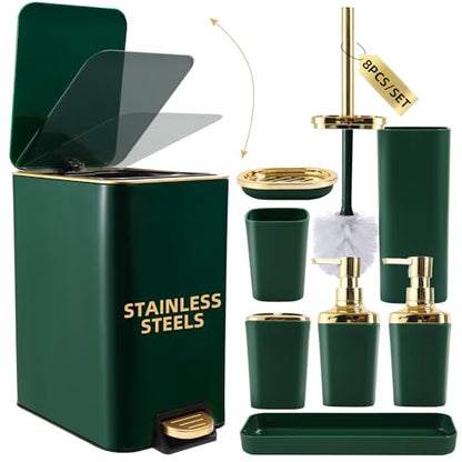 XLHOMO Bathroom Set Bathroom Accessories Set 8 Piece Green and Gold Bathroom Set, Bathroom Sets with Stainless Steel Trash Can,Toilet Brush,Toothbrush Set,Soap Dispenser - size: Hunter Green, style: Bath Set
