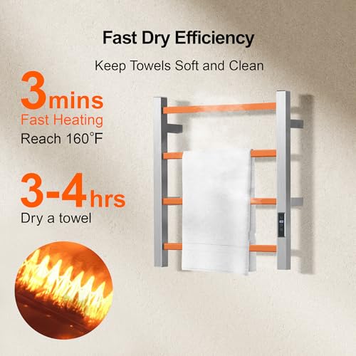 Electric Towel Rack Wall-Mounted Bathroom Heating Towel Warmer,Plug-in,Stainless Steel Material (Square Brushed with Timer, 4 Bar) - color: Square Brushed With Timer, size: 4 Bar