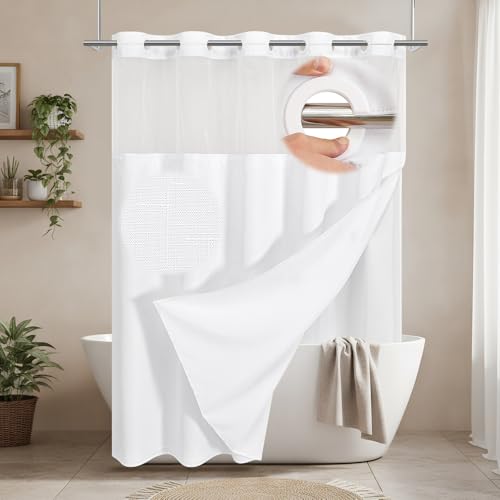No Hooks Cream Boho Faux Linen Shower Curtain with Snap-in Liner Set, Textured Hotel Luxury Bathroom Curtain with See Through Top Window, Waterproof & Washable, 72x78 inches - color: White, size: 72"W x 78"L (Pack of 1), style: No Hooks