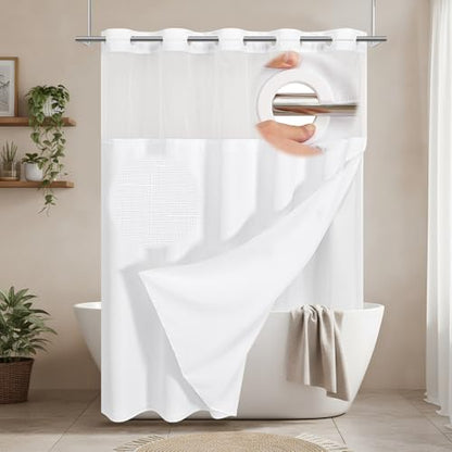 No Hooks Cream Boho Faux Linen Shower Curtain with Snap-in Liner Set, Textured Hotel Luxury Bathroom Curtain with See Through Top Window, Waterproof & Washable, 72x84 inches - color: White, size: 72"W x 84"L (Pack of 1), style: No Hooks