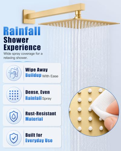 Heyalan 10 Inch Square Rain Shower Faucet Set with Valve, Brushed Gold | Female-thread 1/2-inch NPT connections, SUS304 shower head, brass rough-in valve, single-handle control Shower Set - color: Gold, size: 10 Inch Square Shower Head
