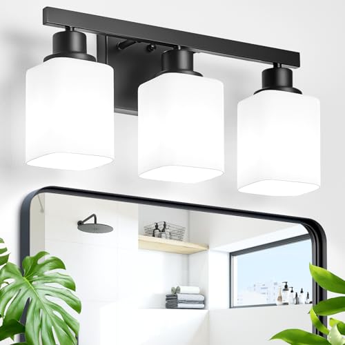 3-Light Bathroom Vanity Light,Modern Matte Black Bathroom Light Fixtures with Square Frosted Glass,Wall Sconces Lighting fixtures Over Mirror Restroom, Living Room Hallway - color: Black, size: 3-Light