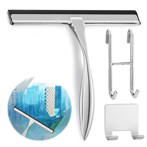 Shower Door Squeegee with Hook, 10" Silicone Blade, Steel (Silver) | Squeegee for Shower Glass with Adhesive Mount; All-Purpose Bathroom Tile, Mirror, & Window Wiper for Streak-Free Cleaning - color: Silver, size: 10 Inch
