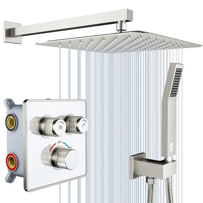 SR SUN RISE 100℉ Brushed Brushed Nickel Shower System,12 Inch | Luxury Rainfall Shower Head,High-Pressure Handheld Shower,Soild Brass,Wall Mount,Valve and Trim Kit Included - color: Brushed Nickel, style: 12"