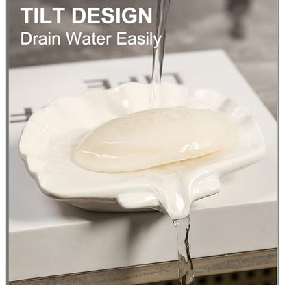 Ceramic Soap Holder, Sea-Shell Soap Tray with Self Draining, Soap Tray for Sink Washroom Bathroom Shower, Small Cute and Elegant Holder with Glaze, Easy Cleaning (White) - color: White