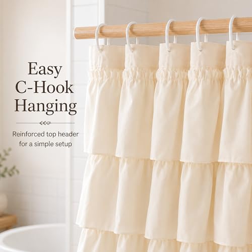 Beige Ruffle Shower Curtain for Bathroom, 72x84 inch, Elegant Ruffled Panel | Ruched Fabric Texture, Cascading Waterfall Ruffles, Extra-Long 72 X 84, 12 Hooks Included, Machine Washable, Opaque Rustic - color: Beige, size: 72"W x 84"L (Pack of 1)