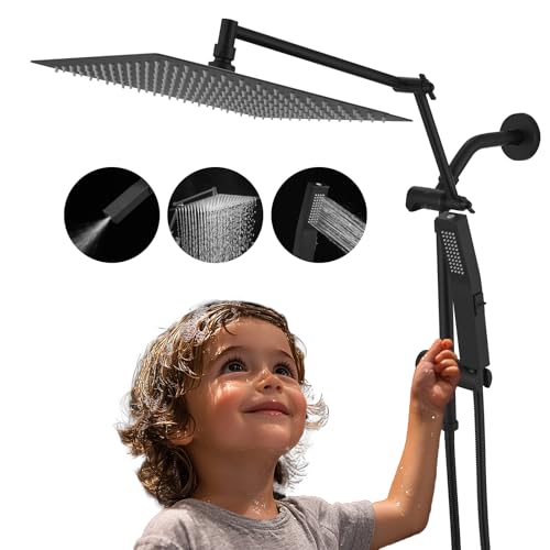 All Metal 10 Inch Rain Shower Head with Handheld Spray Combo, High Pressure Waterfall Rainfall Square Shower Heads with 16" Adjustable Extension Arm, Dual Showerhead with 3-Way Diverter, Matte Black - color: Matte Black, size: 10 Inch