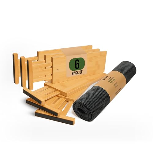 Adjustable Bamboo Drawer Dividers 6 Pack, Expandable Drawer Organizer for Kitchen, Bedroom, Bathroom and Dresser, Each Divider Expands from 12" to 17.5" Height 4.5 – Free Mat Included in Package.