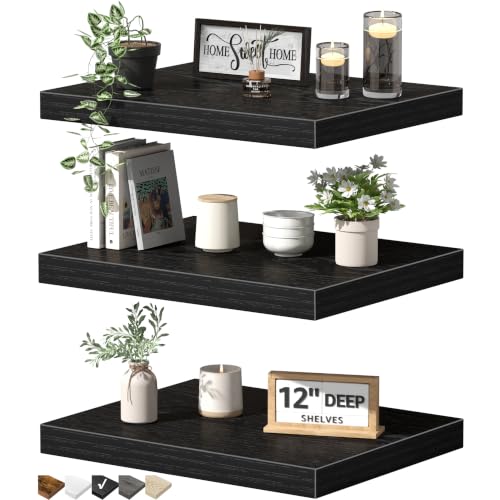 QEEIG 12" Deep Floating Shelves for Wall - 12 x 16 inch Book Shelf Bathroom Bedroom Kitchen Living Room Hanging Bookshelf Farmhouse Set of 3, Black (026-40B3) - color: B. Black, size: 15.7" x 11.6"