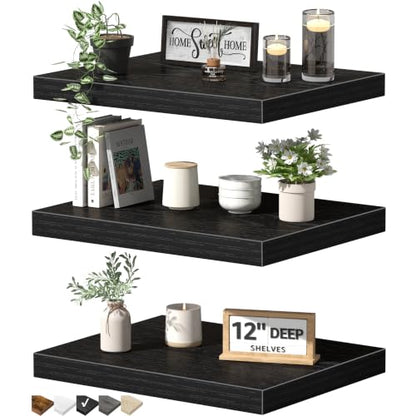 QEEIG 12" Deep Floating Shelves for Wall - 12 x 16 inch Book Shelf Bathroom Bedroom Kitchen Living Room Hanging Bookshelf Farmhouse Set of 3, Black (026-40B3) - color: B. Black, size: 15.7" x 11.6"