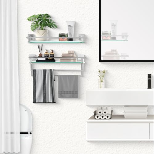 LANC Bathroom Shelves - 20 Inch Floating Tempered Glass Shelf with 2 Towel Rails for Modern Shower Bath Storage - Wall Mounted Stainless Steel Brushed Nickel, A7617BN - color: Brushed Nickel