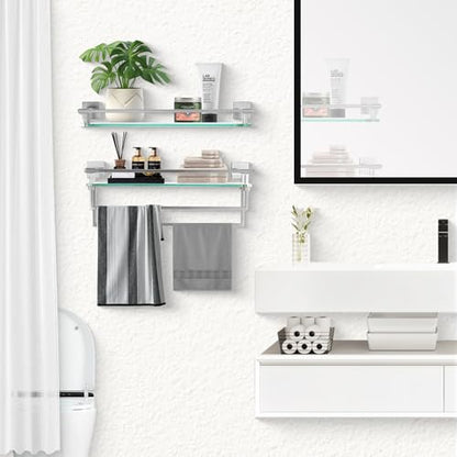 LANC Bathroom Shelves - 20 Inch Floating Tempered Glass Shelf with 2 Towel Rails for Modern Shower Bath Storage - Wall Mounted Stainless Steel Brushed Nickel, A7617BN - color: Brushed Nickel