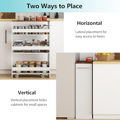 POWERSTONE 4-Tier Slim Storage Cart, Narrow Kitchen Rolling Cart w/Handle & Open Shelves, Skinny Slide Out Utility Organizer Trolley for Kitchen Bathroom Laundry Small Spaces White & Rustic Brown - color: White & Rustic