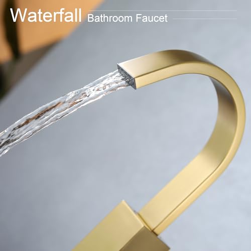 Brushed Gold Vessel Sink Faucet, Single Handle Tall Bathroom Faucet,Waterfall Bathroom Faucet Single Hole Lavatory Vanity Tap Single Hole Bar Sink Faucet with Pop Up Drain and Supply Lines,SL50044BG - color: Brushed Gold, size: Tall