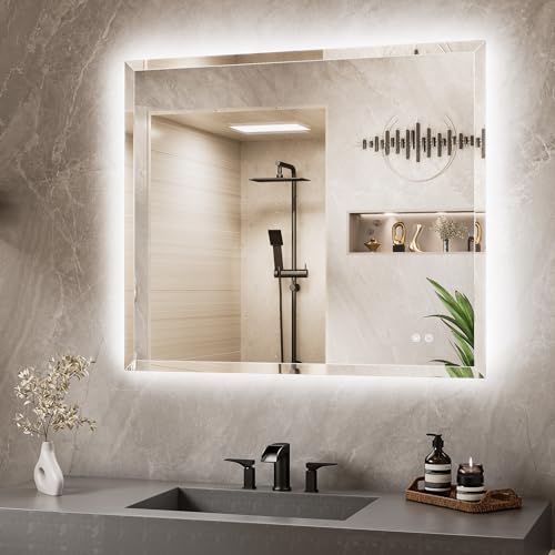42 x 36 LED Mirror Backlit, Beveled Bathroom Mirror with Backlight, Tempered Glass, 3 Colors Lights, Defogger, Adjustable Brightness, Memory Function, Lighted Mirrors for Bathroom Wall - size: 36"L x 42"W