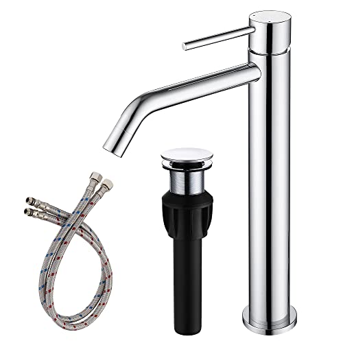 Chrome Tall Bathroom Faucet with Sink Drain and Supply Lines, JXMMP Single Handle Vessel Sink Faucet Chrome Single Hole, Stainless Steel Vessel Faucet JXM1001CP - color: Chrome, size: Tall Faucet