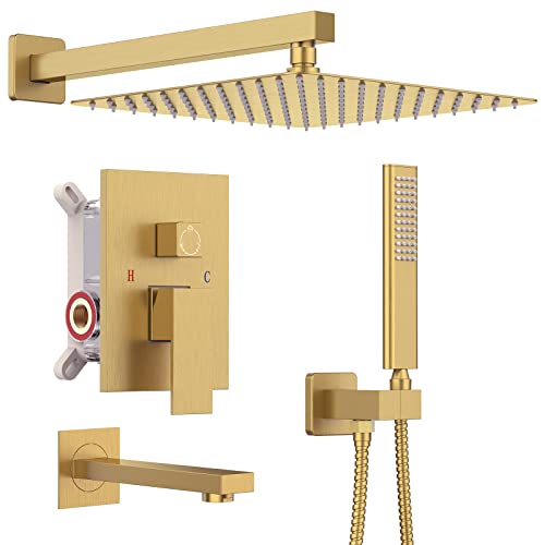 Iriber Brushed Gold Rain Shower System with Waterfall Tub Spout 3 Function Shower Faucet Set Contain 12 Inch Shower Head and Handheld Modern Bathroom Shower Trim Kit (Valve Cartridge Included) - color: Brushed Gold