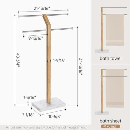 KES Width Adjustable Free Standing Towel Rack with 3X Thicker Weighted Natural Marble Base, 2-Tier Wooden Towel Rack Stand for Bathroom Floor, 18/8 Stainless Steel, Brushed Finish, BTH800-2 - color: White Marble