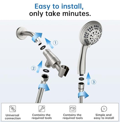 G-Promise Shower Head with Metal Shower Holder and Long Hose | High Pressure, Solid Brass Holder, 6 Spray Settings, 70" to 75" Stainless Steel Hose, Adjustable Angle, Easy DIY - color: Brushed Nickel