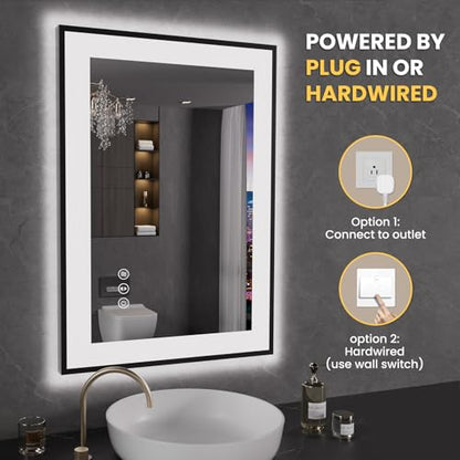 LOAAO 20"X28" LED Bathroom Mirror Black Framed | Anti-Fog, Dimmable, Memory Function, Tempered Glass, Lighted Vanity Mirror for Wall - size: 20"L x 28"W