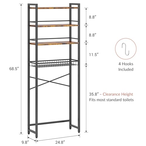 Over The Toilet Storage Shelf, 4-Tier Bathroom Organizer with Basket & Hooks, Sturdy Space Saver for Small Bathrooms, Rustic Brown & Black - color: Brown