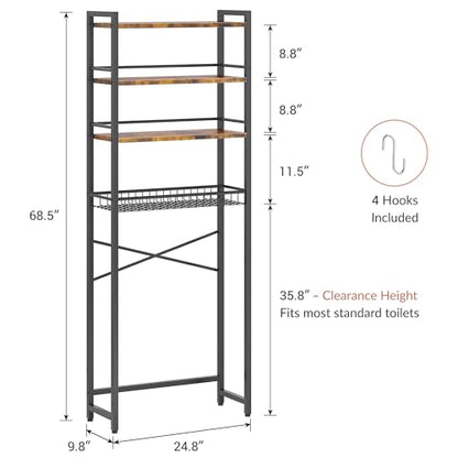 Over The Toilet Storage Shelf, 4-Tier Bathroom Organizer with Basket & Hooks, Sturdy Space Saver for Small Bathrooms, Rustic Brown & Black - color: Brown