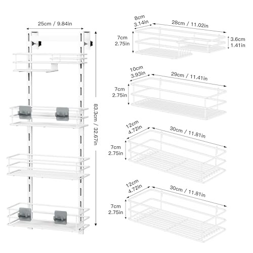Orimade Over The Door Shower Caddy Adjustable 4 Tier White,Bathroom Hanging Organizer Shelf Rustproof with 4 Hooks,Shower Basket with Soap Holder and Suction Cup - color: White-4T