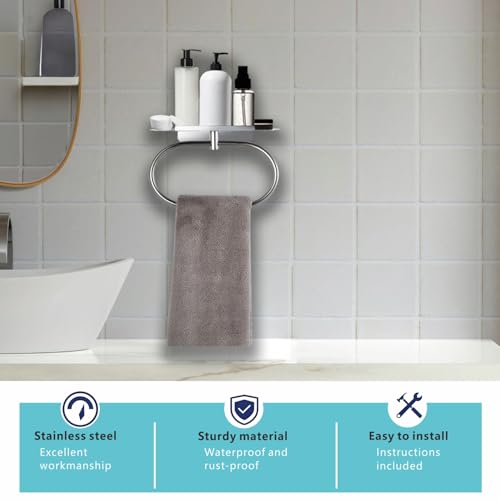Towel Ring with Shelf Steel Self, Stainless Steel Bath Towel Rings, Self Adhesive Hand Towel Ring for Bathroom, Wall Mounted Towel Hanger for Bathroom Kitchen (Chrome) - color: Chrome