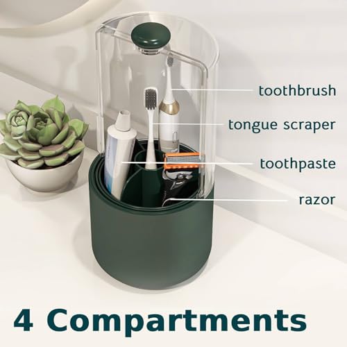 YOOLENS Toothbrush Holder with Cover 360 Rotating 4 Compartments Bathroom Toothpaste Electric Toothbrush Organizer, Dark Green - color: Dark Green