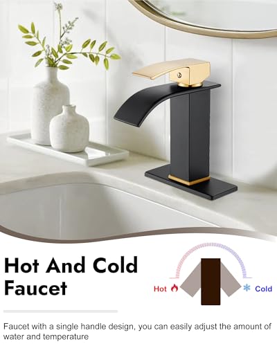 Midanya Waterfall Bathroom Faucet 1 Hole,Brushed Gold Handle/Matte Black | with 24” Hoses,Pop Up Drain,6” Deck Plate,for 1 or 3 Hole Vanity,Lavatory,RV,Single Handle Bathroom Sink Faucet,NSF Certified - color: Gold Handle/Black