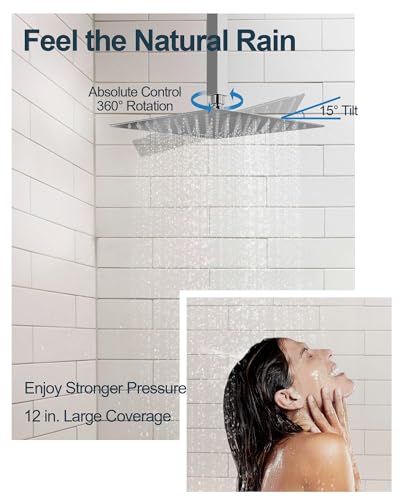 Shower Faucet Set with Handheld Spray, Polished Chrome | 12" Ceiling Mount SUS304 Rainfall Shower Head System, 6" Side Head, 3-Function Thermostatic Valve Trim Kit, All Metal - color: Chrome