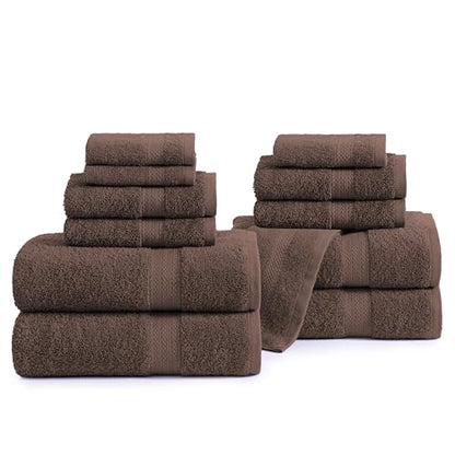 SNOWDROP 12 PC Bath Towel Set - Large Microfiber Towels for Body, Shower, Face, Hotel, Gym - 4 Extra Large, 4 Hand, 4 Wash Cloths - Chocolate