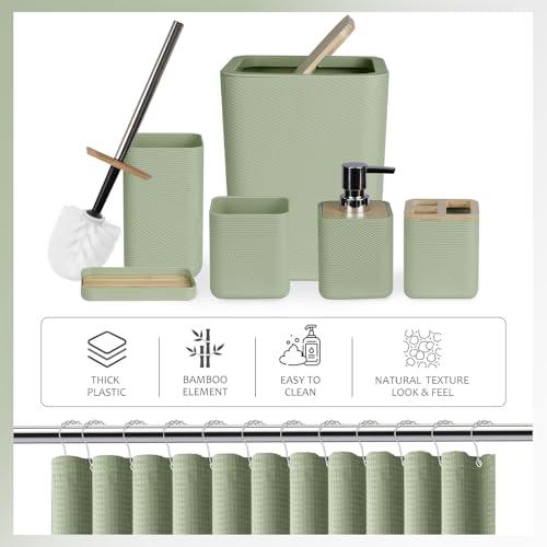 CERBIOR Bamboo Bathroom Accessory Set with Shower Curtain,Green,20PCS | Spiral Set Includes Shower Curtain,Soap Dispenser, Toothbrush Holder, Toothbrush Cup, Soap Dish for Decorative and House Gift - size: Bath Set+Shower Curtain, style: Green