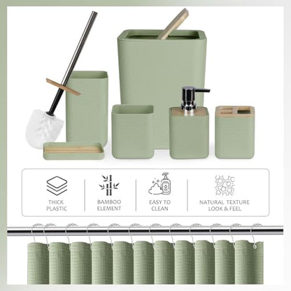CERBIOR Bamboo Bathroom Accessory Set with Shower Curtain,Green,20PCS | Spiral Set Includes Shower Curtain,Soap Dispenser, Toothbrush Holder, Toothbrush Cup, Soap Dish for Decorative and House Gift - size: Bath Set+Shower Curtain, style: Green