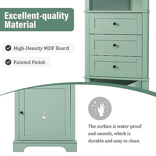 Green Corner Cabinet, 69" Tall Bathroom Storage Cabinet with 3 Drawers & Adjustable Shelves, Triangle Freestanding Linen Tower Pantry Organizer for Small Spaces Kitchen Living Room
