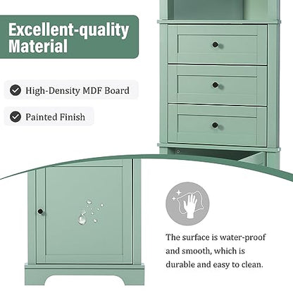 Green Corner Cabinet, 69" Tall Bathroom Storage Cabinet with 3 Drawers & Adjustable Shelves, Triangle Freestanding Linen Tower Pantry Organizer for Small Spaces Kitchen Living Room