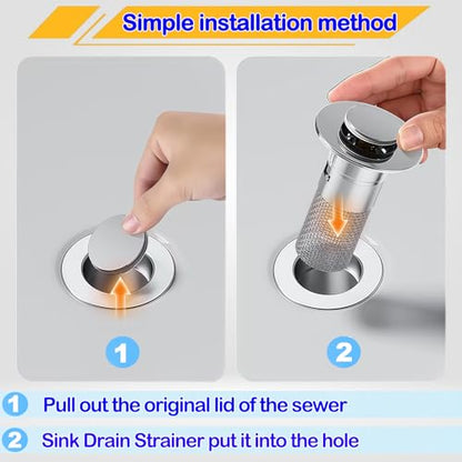 Bathroom Sink Drain Strainer, Pop-up Sink Stopper Hair Catcher with Removable Stainless Steel Filter Basket,Universal Drain Plug Filter Replacement for Bathroom Shower Sink Stopper(2Pcs)