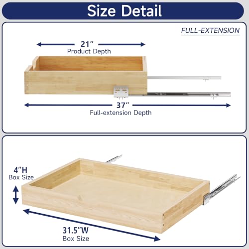 Pull Out Cabinet Organizer, 31.5 in W x 21 in D Solid Wood Slide Out Drawer, Soft Close Sliding Shelf, Bottom or Side Mount for Kitchen Pantry Bathroom, Fits 32.5 in Cabinet Opening - size: 31½” W × 4"H x 21” D
