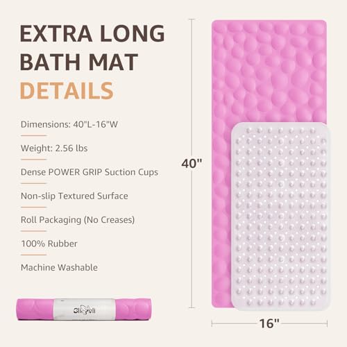 Bligli Bathtub Mat Non Slip, 16x40 inch Extra Long Bath Tub Mat with Strong Suction Cups, Soft Rubber Bathroom Floor Mat, Machine Washable, 100% BPA Free (Pink) - color: Pink, size: 40" x 16" (Rectangular)