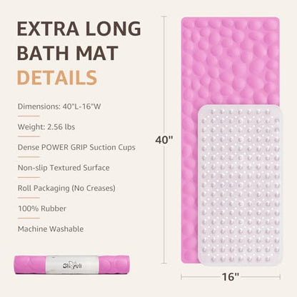 Bligli Bathtub Mat Non Slip, 16x40 inch Extra Long Bath Tub Mat with Strong Suction Cups, Soft Rubber Bathroom Floor Mat, Machine Washable, 100% BPA Free (Pink) - color: Pink, size: 40" x 16" (Rectangular)