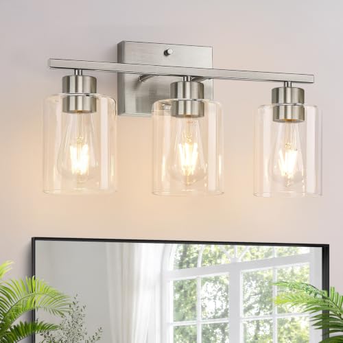3-Light Bathroom Light Fixtures, Brushed Nickel Vanity Lights, Bathroom Lighting with Clear Glass Shade, Vanity Lighting fixtures for Mirror Kitchen Bedroom Hallway Living Room - color: Brushed Nickel, size: 3-light