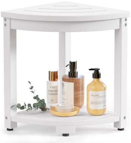 Waterproof HIPS Corner Stool for Shaving Leg, Inside Shower, White | For seating and foot rest, Wood-Look texture, Easy care, Storage shelf, Non-slip leveling feet, Indoor/Outdoor use, 400 lb - color: White, size: 3 Leg - Classic