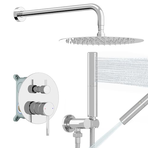BESy Shower System with 10 Inch Round Rain Shower Head and Handheld Wall Mounted, High Pressure Rainfall Shower Faucet Fixture Combo Set with 2 in 1 Handheld Showerhead for Bathroom, Chrome - color: Chrome